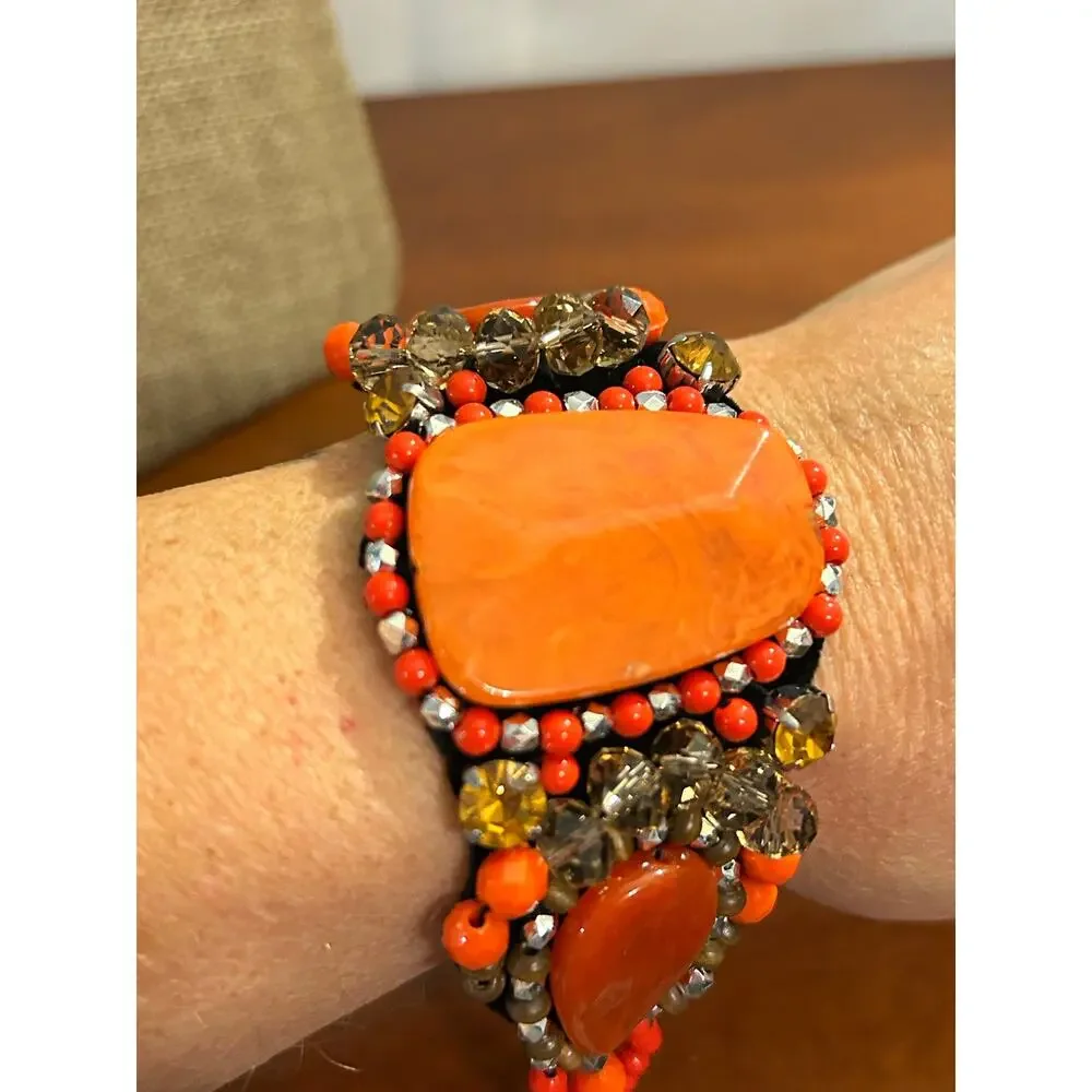 Handmade Beaded Statement Bracelet - Orange Red Gold Silver 6